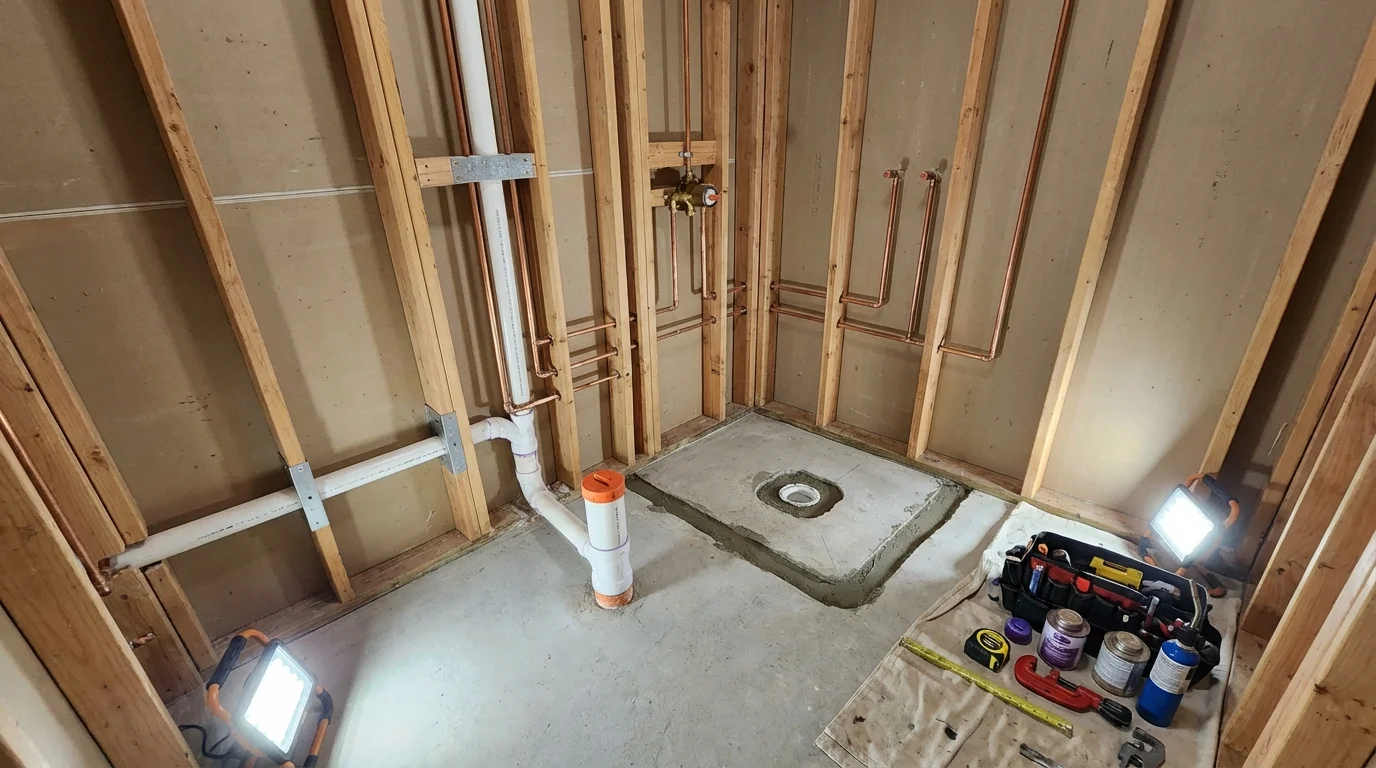 Bathroom rough-in plumbing during remodel by Johns Plumbing LLC in Claremont