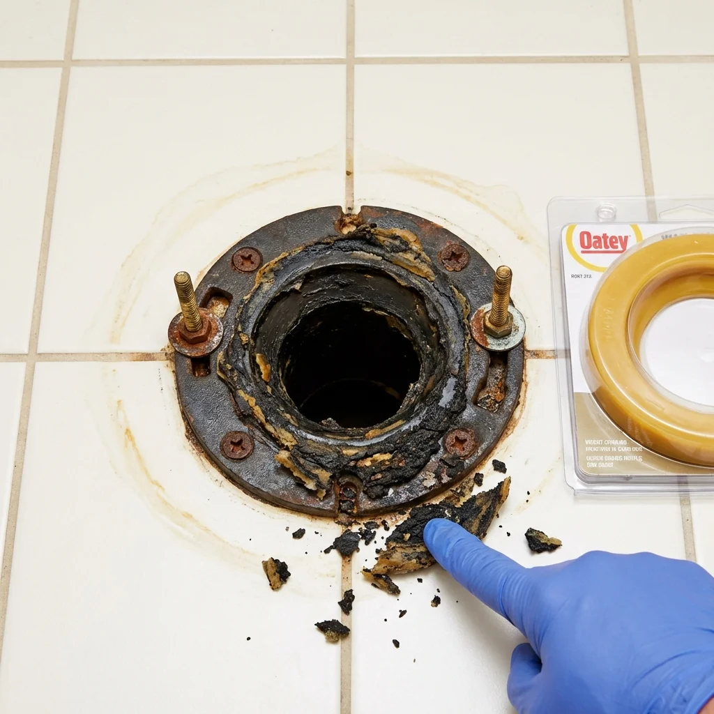 Failed wax ring showing water seepage at the base of a toilet in a Claremont, NH home