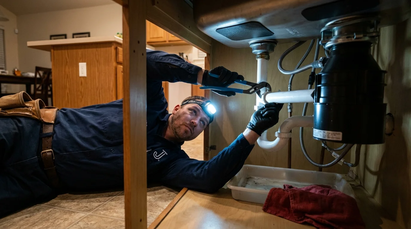 P-trap and supply line connections under a kitchen sink showing a common leak point in Claremont, NH